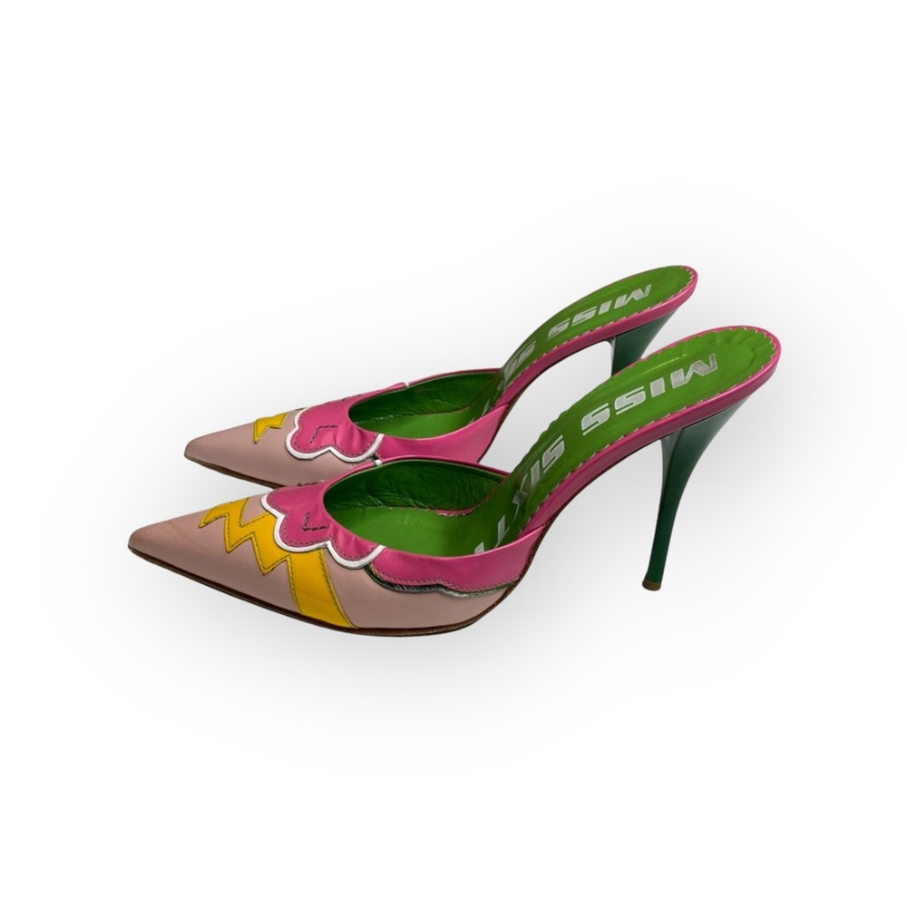 Vintage: Miss Sixty ↯ Lightning Pointy Toe Stiletto Heels Mules ↯ Pink Appliqué - Picture 8 of 17